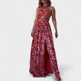 Floraria - Vestido comprido com halteres e costas abertas